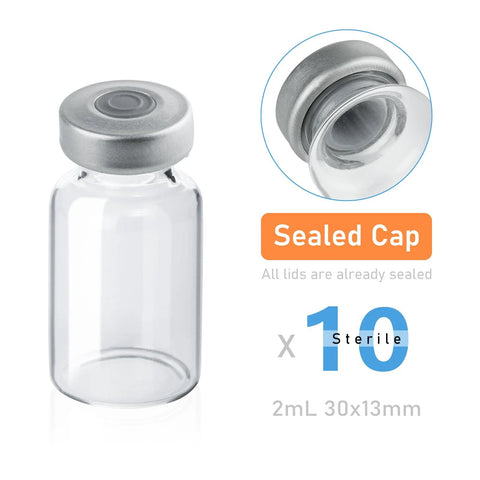 2ml glass sample vial with sealed metal cap; transparent, 10-pack, sterile