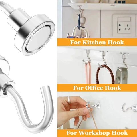 30 Pcs Super Strong Magnetic Hooks 25 Lbs Heavy Duty Magnetic Hooks for Hanging Rare Earth Neodymium Magnets in various settings.