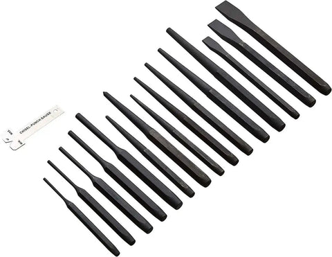 Sixteen Piece Pro Grade Chrome Vanadium Steel Punch And Chisel Set With Storage Pouch For Woodworking displayed on white background