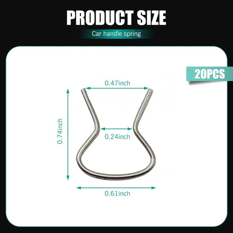 20 Piece Car Window Crank Retainer Clip Set for Most Vehicles, showing metal clip dimensions in inches
