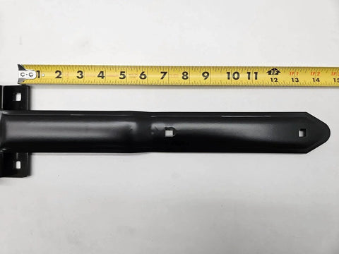 Black Aluminum 16 Inch Strap Hinges Pair For Trailer And RV Doors Offset Bent Design shown with measuring tape