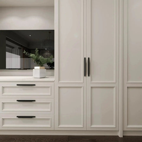 White cabinets with 10 Pack Black Aluminum Finger Pulls for Cabinets and Kitchen Drawers, 7-1/2 Inch Center Mounted Handles