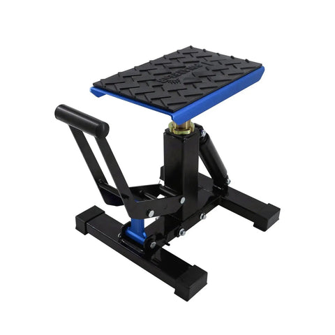 Adjustable 1200 Lb Dirt Bike Stand And Lift With Aluminum Platform, showing side view, metal frame, rubber platform