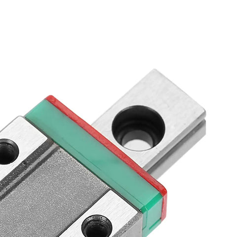 Close-up of 9mm Miniature Linear Rail With Bearing Steel Block, showcasing ball retainer and precision design, 55mm travel.