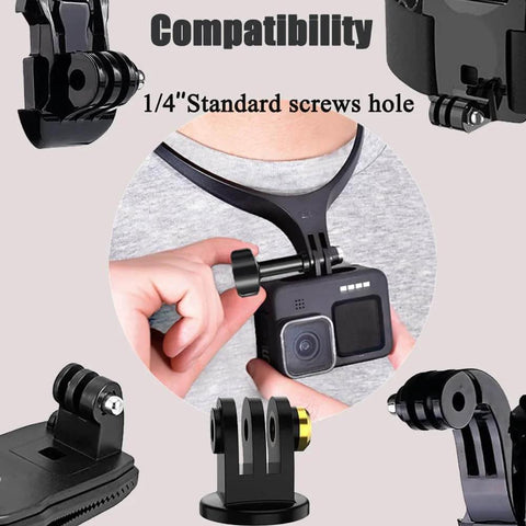 Collage showcasing a 316 Stainless Steel Thumbscrew with 1/4 inch hole compatible for GoPro Hero 5 through 11 and Insta360 mounts.