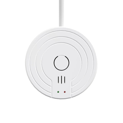 White circular alarm sensor with concentric rings, central button, vent slots, green and red indicator LEDs