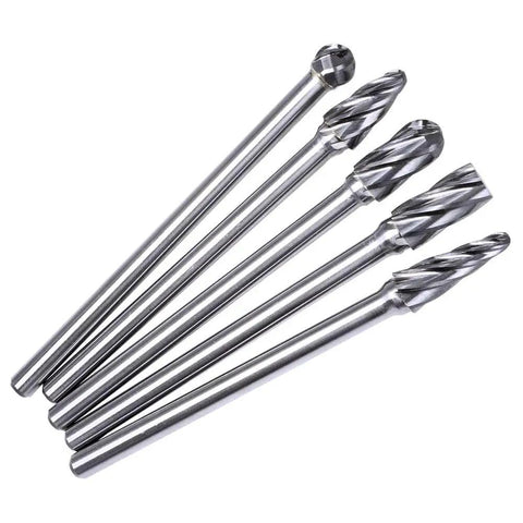 Five Piece One Quarter Inch Aluma Cut Carbide Burr Set With Four Point Four Inch Shank, Pro Grade Single Cut Tungsten Rotary Burrs