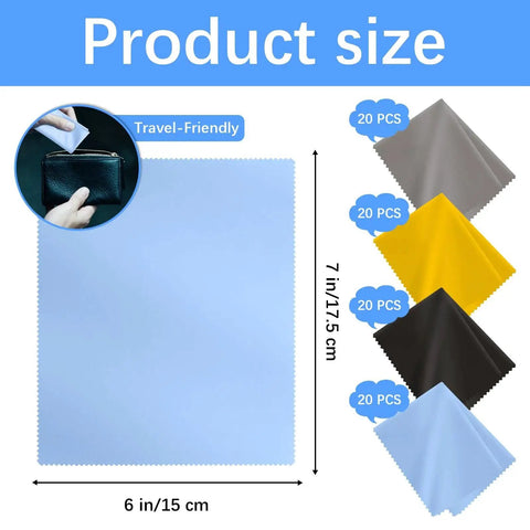 80 Pack Multi Color 6x7 Microfiber Cleaning Cloths For Glasses And Screens showing size and colors