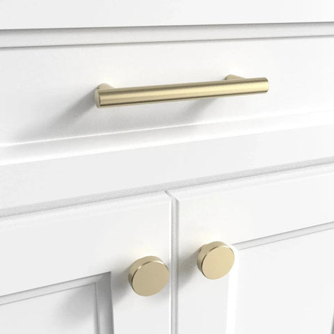 Door And Drawer Pulls 6-Inch Center-To-Center Brushed Titanium Gold Finish 10 Pack installed on white cabinet