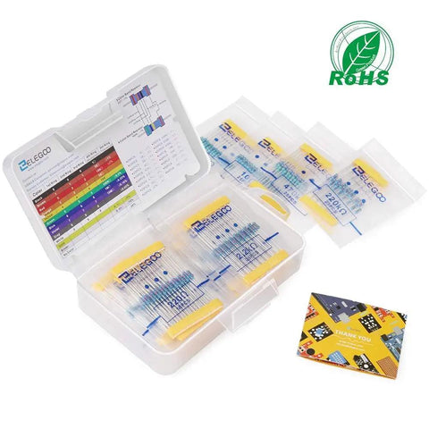 ELEGOO resistor kit in clear plastic case, front view with color-code chart on lid; RoHS