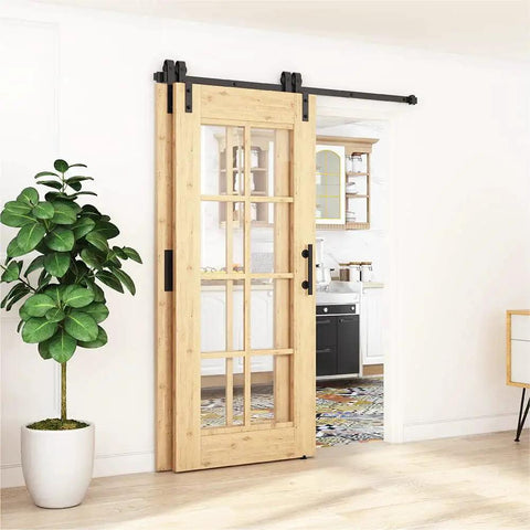 Bypass Barn Door Hardware Kit For 5 Feet Double Wooden Doors With Single Track And Flat Rollers, Low Ceiling Bypass System installed