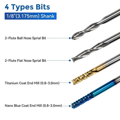 Four types of Pro CNC Router Bit Set With ER11 And ER16 Collets Forty Piece One Eighth Inch Shank Two Flute Flat Nose And Ball Nose End Mills Nano Blue Coat And Titanium Coat Tungsten Carbide for milling.