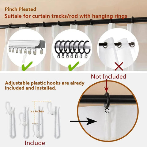 Pinch pleated sheer curtains showing adjustable hooks and track system compatibility