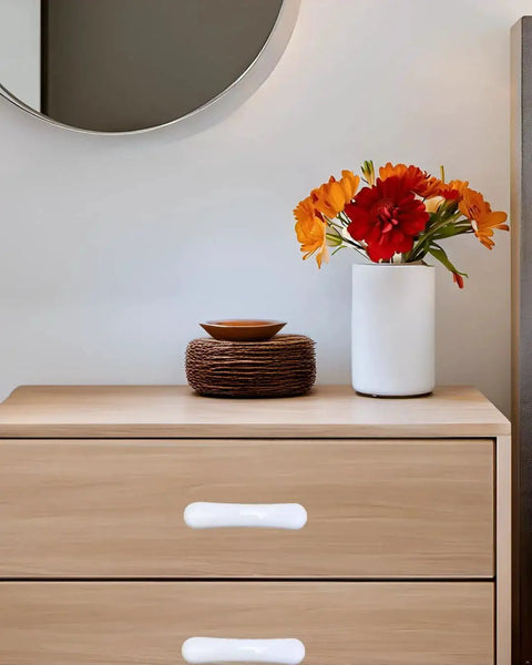 White Glossy Ceramic Cabinet Pulls Arch Shaped 4 Pack Dresser Knobs With 3.03 Inch Hole Centers on wooden dresser, modern decor