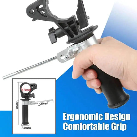 Hand holding drill shears attachment for cutting 0.3 to 1.0 mm metal sheets, ergonomic grip, shown with size dimensions.