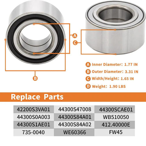 Wheel Hub Bearing Fits Acura RSX CL MDX TL Honda Accord Civic CRV Element Pilot Prelude S2000 with measurements and replace parts