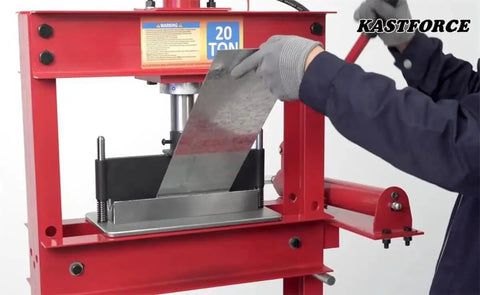 Heavy Duty Press Brake Attachment For Hydraulic Shop Presses 12 To 20 Ton, 12 Inch Bend Length shown in use with metal sheet