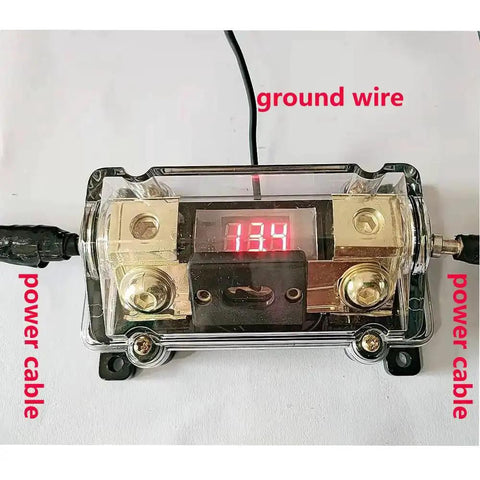 Digital Led Display ANL Fuse Holder Inline Fuse Block With LED Voltage Readout installed with power cables and ground wire