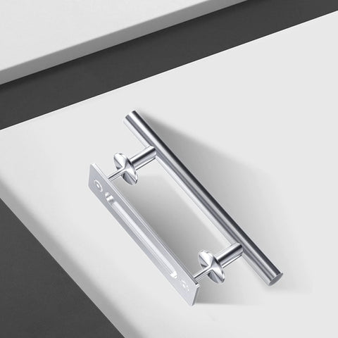 12 Inch Stainless Steel Sliding Barn Door Handles And Pulls Set With Flush Mount Hardware, shown in a brushed finish with ergonomic design