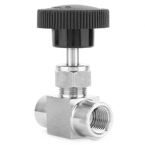 Stainless steel needle valve with black knurled knob; 1/4 in NPT female x 1/4 in NPT female, 90-degree elbow fitting