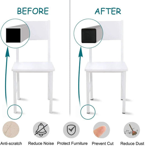Before and after of Square Plastic Plug For Three Quarters Inch Tubing Fits Inside Diameter Eleven Sixteenths Inch on chair leg
