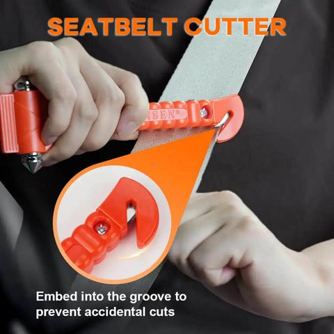 Person using Must Have Emergency Car Safety Hammer Set Of 2 In 1 Window Breaker And Seat Belt Cutter For Quick Family Escape And Auto Rescue Tools In Any Crash, Sturdy Carbon Steel Construction For Reliable Breakthrough By SINSEN to cut a seatbelt.