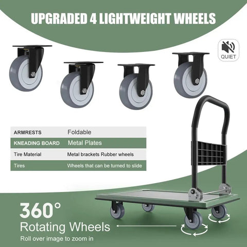 Heavy Duty Folding Push Cart Platform Trolley With Reinforced Beams And Four Quiet Thickened Rubber Wheels, 360 Degree Swivel Front Wheels