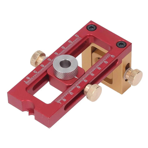 Six Piece Drill Jig Kit With Adjustable Bushings For Precise Woodworking Holes And Quick Assembly, vertical red and gold tool.