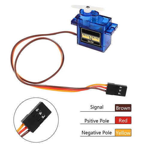 Single SG90 9G micro servo motor with wiring, part of Eight Piece SG90 9G Micro Servo Motors Kit For RC Projects And Arduino Dope Servo Pack.