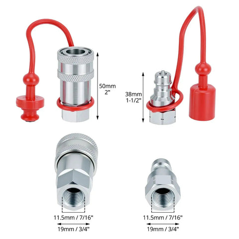 Rugged 1/4 Inch Hydraulic Quick Connect Coupler Set with Dust Caps, 3600 PSI Rating, Hardened Steel, 1/4 Inch NPT Thread, Two Sets