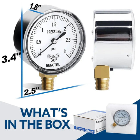Low Pressure Capsule Gauge 0 to 3 Psi for Air Water and Gas Testing, Two And A Half Inch Dial, Quarter Inch NPT Lower Mount