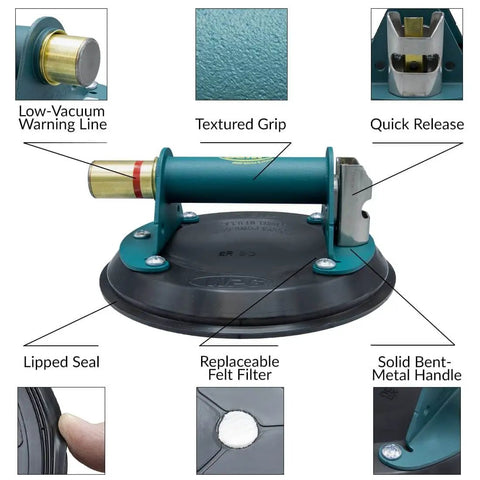 8 Inch Flat Vacuum Suction Cup With Metal Handle And Hand Pump, Red Line Indicator, showing key features and grip texture.