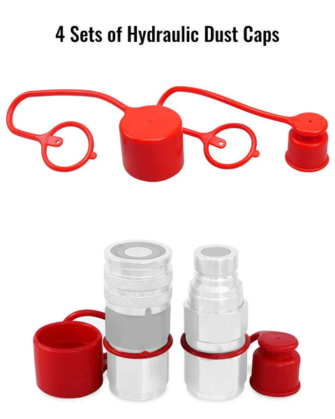 Dust caps and plugs for 1/2" flat-face hydraulic quick-connect couplers; four sets with red rubber caps and silver metal adapters