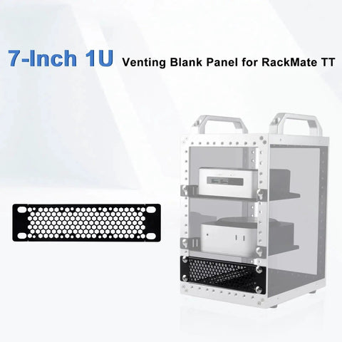 7 Inch 1U Vented Blank Panel Metal Rack Mount for DeskPi RackMate TT Server Cabinet next to partially assembled cabinet