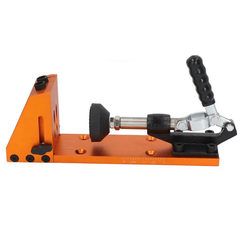 Side view of the Pro Grade 15 Degree Pocket Hole Jig Kit With Aluminum Alloy Construction In Bright Orange for woodworking projects.