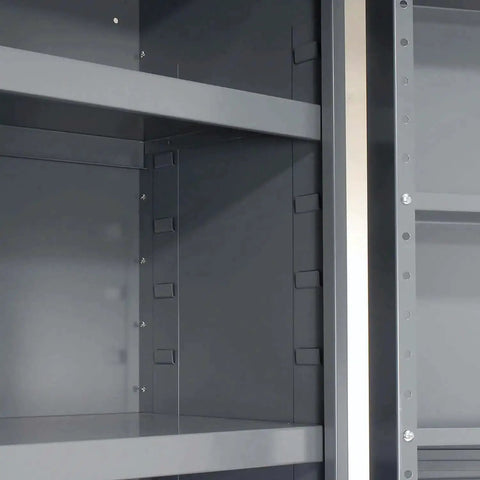 Interior view of deep door bin cabinet with 68 red plastic bins padlockable steel cabinet for tool and parts storage