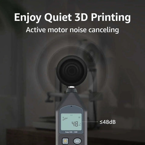 Sound meter showing 48dB for Blazing Fast Multi Color 3D Printer with Full Auto Calibration, ultra quiet printing feature.