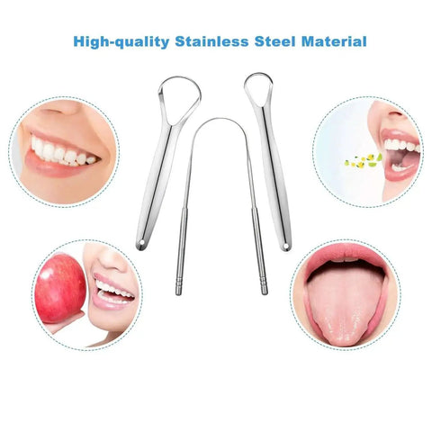 Three Piece Metal Tongue Scraper Set For Adults With Dual Handle Design Stainless Steel Tongue Cleaners shown with oral health benefits
