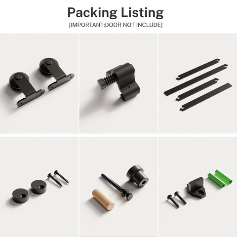 Beefy Heavy Duty Sliding Barn Door Hardware Kit components with black finish, rollers, bumpers, and track assembly.
