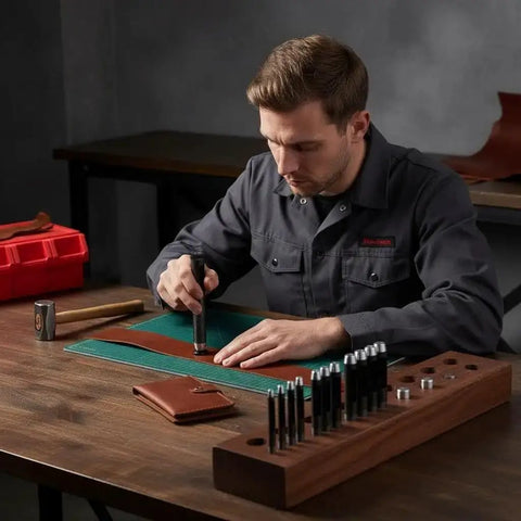Craftsman using 10 Piece Round Hole Punch Set For Leather Craft Pro Grade Steel Hollow Punches 1mm To 10mm on leather with tools.