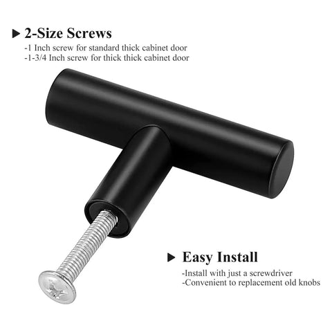10 Pack Flat Black 2 Inch T Bar Cabinet Knobs Hollow Stainless Steel Single Hole with screws, easy install instructions