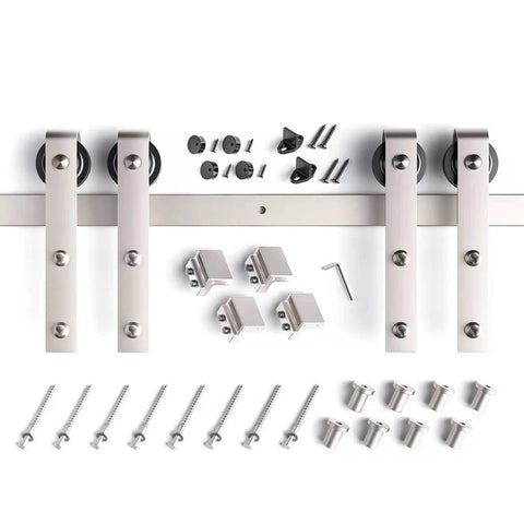 Rugged 10 Foot Brushed Nickel Double Sliding Barn Door Hardware Track Kit With Ball Bearing Rollers and installation parts
