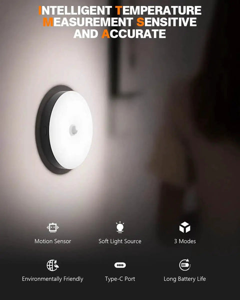 Rechargeable Magnetic Puck Light With Motion Sensor mounted on wall with three lighting modes, dimmable brightness, USB-C port, and long battery life.