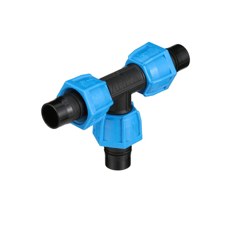 Watts ANKA 1 in x 1 in x 1 in poly-pipe tee, black fitting with blue taper-nut seals, glass fiber reinforced nylon