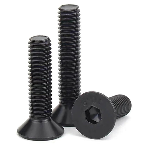 Flat Head Socket Cap Screws M1.6 X 5mm, 10.9 Grade Alloy Steel, DIN 7991, Black Oxide Finish, Allen Drive, trio view.