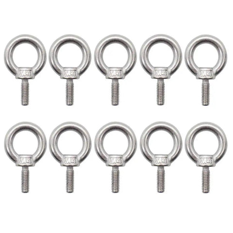 Ten Pack M4 Ring Eye Bolts, Heavy Duty 304 Stainless Steel, Shoulder Lifting, Male Thread, 0.7 Mm Pitch, 12 Mm Thread Size