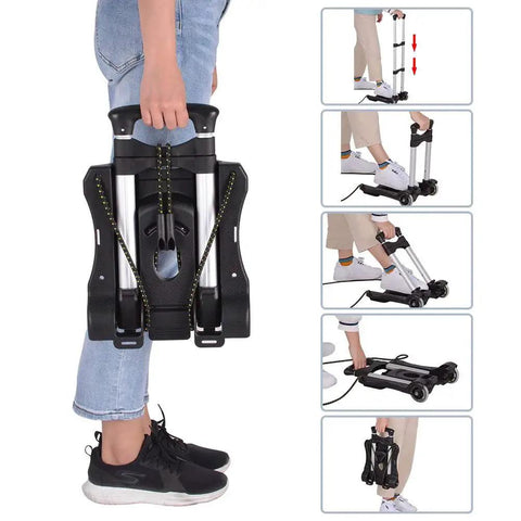 Person holding Folding Luggage Cart With 88 Lb Load Capacity Lightweight Durable Aluminum Alloy Frame Travel Trolley For Luggage compactly folded
