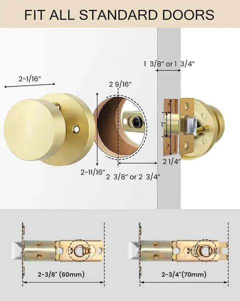 Diagram showing installation of Brushed Gold Privacy Door Knobs Set, Heavy Duty Zinc Alloy Interior Door Knobs For Bedroom And Bathroom