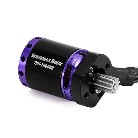 Stainless Steel 11T Motor Pinion Gear for 1721 Purple Viper Brushless Motor 0.4 Mod 2mm Shaft, installed on brushless motor.