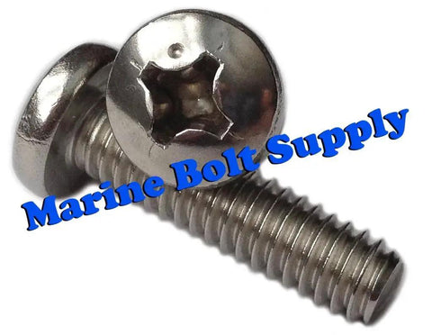 Close-up of Type 316 Stainless Steel Phillips pan head screws, showcasing marine-grade rust-resistant design for boat and outdoor projects.